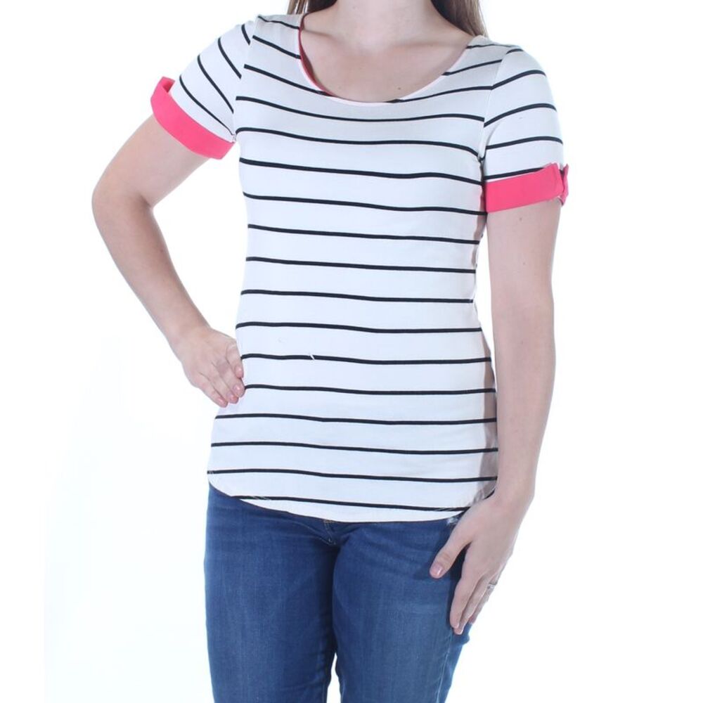 MON AMI Womens Ivory Black Striped Boat Neck Short Sleeve Top M